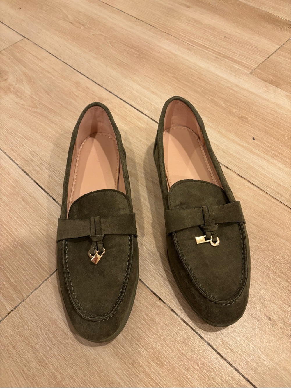 Olive Green Suede Loafers with Gold Accent